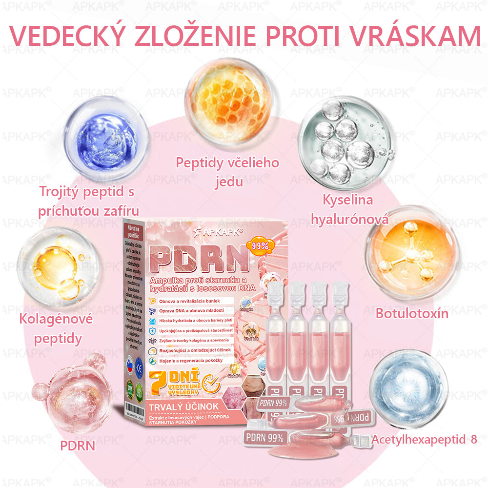 👨⚕️ Vyrobené a zaslané zo Slovenska ✨ APKAPK® 99% PDRN lososový DNA anti-aging ampulový roztok s 99% PDRN + včelí jed · 7x hlboká hydratácia | Rieši vrásky, suchosť, začervenanie, tmavé škvrny, purpuru a zápal — Viditeľné výsledky za 7 dní