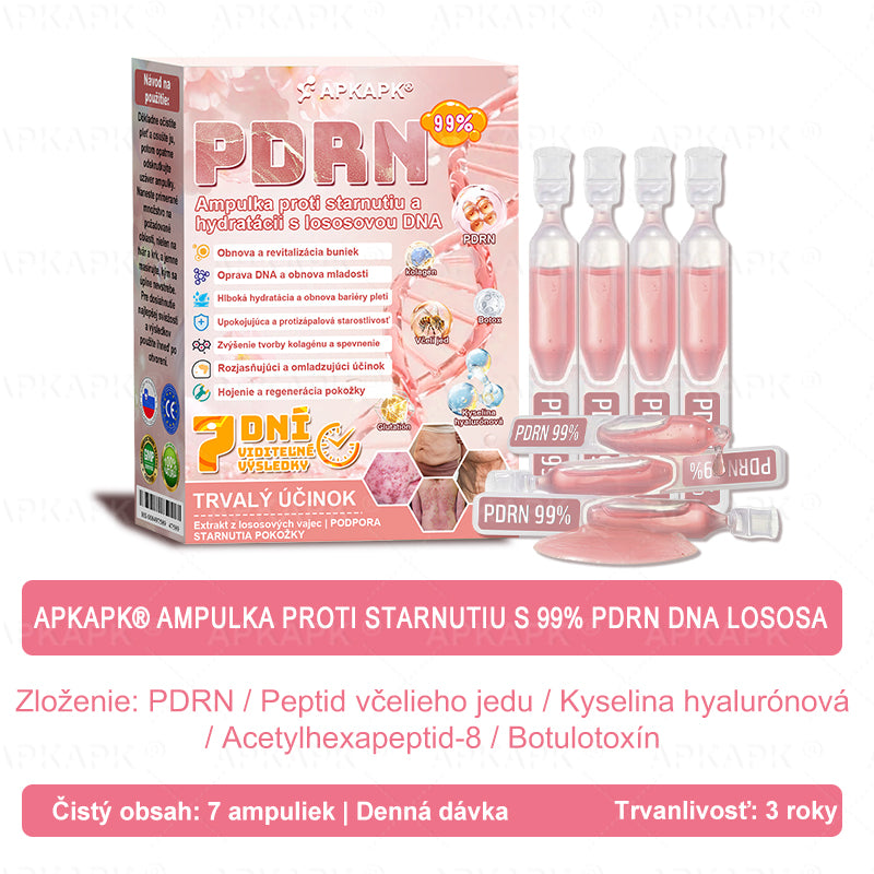 👨⚕️ Vyrobené a zaslané zo Slovenska ✨ APKAPK® 99% PDRN lososový DNA anti-aging ampulový roztok s 99% PDRN + včelí jed · 7x hlboká hydratácia | Rieši vrásky, suchosť, začervenanie, tmavé škvrny, purpuru a zápal — Viditeľné výsledky za 7 dní