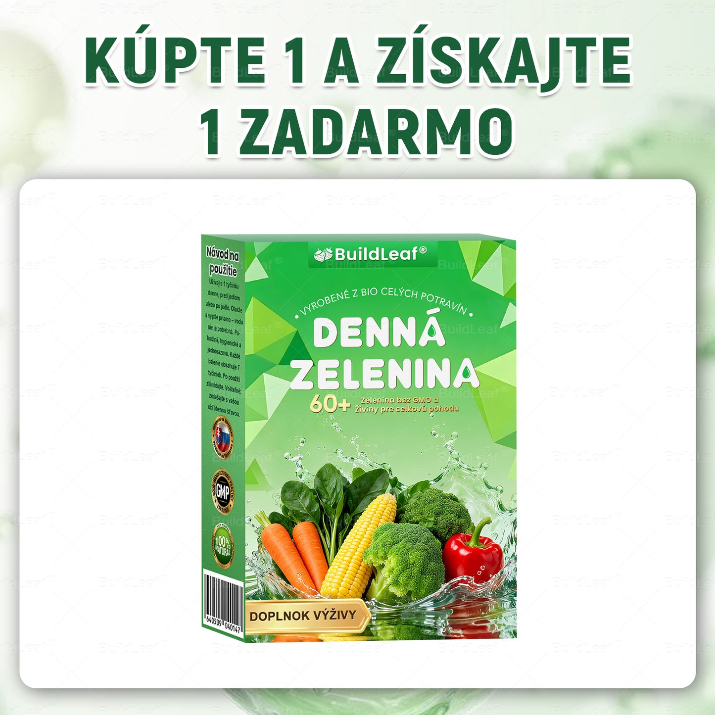 BuildLeaf® 60+ Ne-GMO rastlinné perorálne riešenie, vyrobené z organických celých potravín a superzeleniny pre celkovú pohodu.