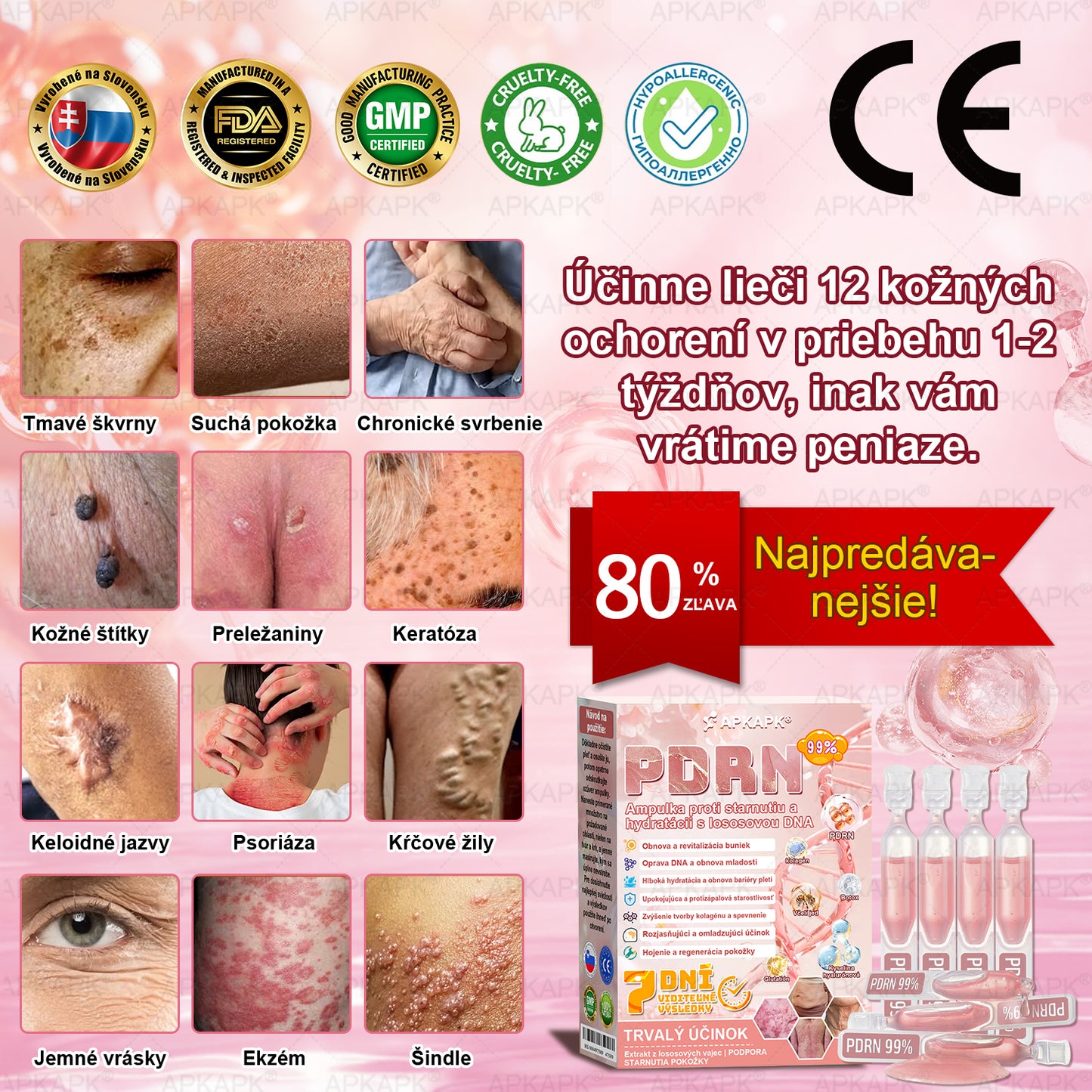 👨⚕️ Vyrobené a zaslané zo Slovenska ✨ APKAPK® 99% PDRN lososový DNA anti-aging ampulový roztok s 99% PDRN + včelí jed · 7x hlboká hydratácia | Rieši vrásky, suchosť, začervenanie, tmavé škvrny, purpuru a zápal — Viditeľné výsledky za 7 dní
