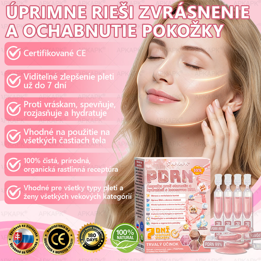 👨⚕️ Vyrobené a zaslané zo Slovenska ✨ APKAPK® 99% PDRN lososový DNA anti-aging ampulový roztok s 99% PDRN + včelí jed · 7x hlboká hydratácia | Rieši vrásky, suchosť, začervenanie, tmavé škvrny, purpuru a zápal — Viditeľné výsledky za 7 dní