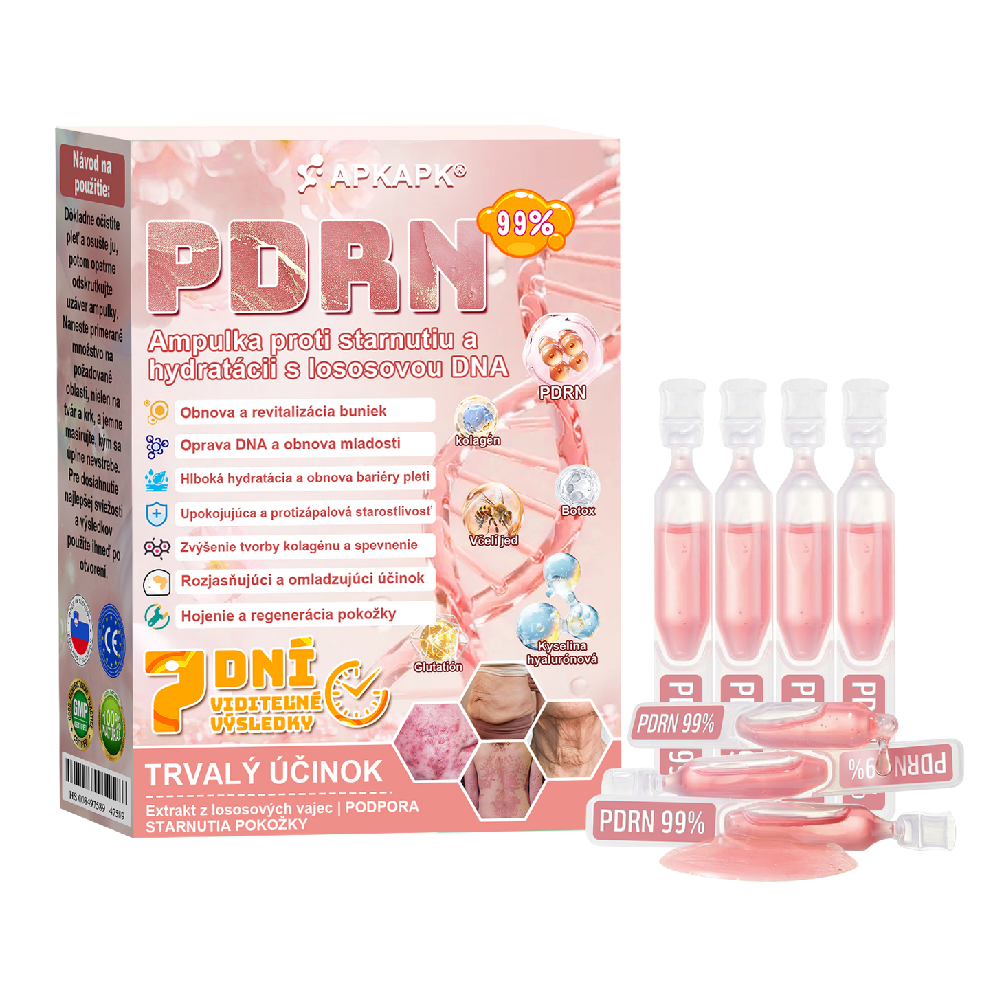 👨⚕️ Vyrobené a zaslané zo Slovenska ✨ APKAPK® 99% PDRN lososový DNA anti-aging ampulový roztok s 99% PDRN + včelí jed · 7x hlboká hydratácia | Rieši vrásky, suchosť, začervenanie, tmavé škvrny, purpuru a zápal — Viditeľné výsledky za 7 dní