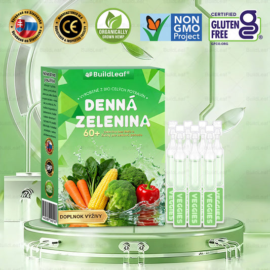 BuildLeaf® 60+ Ne-GMO rastlinné perorálne riešenie, vyrobené z organických celých potravín a superzeleniny pre celkovú pohodu.